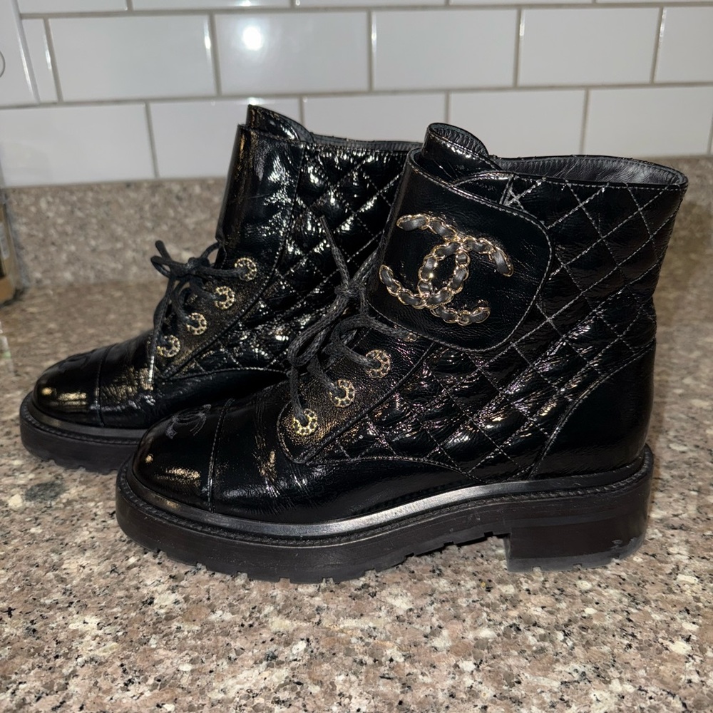 CHANEL Black Quilted Combat Boots